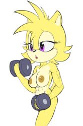 anthro bodily_fluids canid canine canis dumbbell ellie_the_wolf exercise fan_character female fours_(artist) fur hi_res mammal muscular muscular_anthro muscular_female purple_eyes solo sonic_(series) sonic_the_hedgehog_(series) sweat weights wolf workout yellow_body yellow_fur