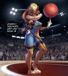 absurd_res ball barefoot basketball basketball_(ball) basketball_uniform big_penis biped breasts casual_exposure clothed clothing dialogue english_text feet furry futanari genitals gynomorph hair heart hi_res humanoid_genitalia humanoid_penis intersex lagomorph leporid lola_bunny looney_tunes mammal nekurokami penis penis_through_leghole photo_background poking_out rabbit solo space_jam sportswear text topwear uniform warner_brothers