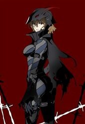 arm_band armor atlus barbed_wire behind belt black_mask bodysuit brown_hair cape clothed clothed_female clothing collar crow_(persona_5) female female_only gauntlets genderbend genderbender genderswap genderswap_(mtf) goro_akechi helmet large_ass large_breasts looking_at_viewer looking_back mask persona persona_5 persona_5_royal red_background red_eyes rule_63 safe scarf shin_megami_tensei skin_tight smiling smiling_at_viewer smirk solo solo_female spoilers striped_clothing um_zum