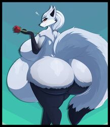 ! absurd_res anthro arctic_fox areola asaneman ass belly big_belly big_breasts big_butt big_tail biped black_areola black_border black_nipples black_nose blue_body blue_fur blue_hair border breasts canid canine curvy_figure dipstick_tail female flower fluffy fluffy_tail fox fur gloves_(marking) hair hi_res holding_flower holding_object huge_breasts huge_butt looking_at_viewer looking_back mammal markings multicolored_body multicolored_fur multicolored_tail nipples nude obese obese_anthro obese_female overweight overweight_anthro overweight_female plant ponytail rear_view rose_(flower) sheep_and_wolves simone_(sheep_and_wolves) simple_background smile solo standing two_tone_body two_tone_fur voluptuous wide_hips