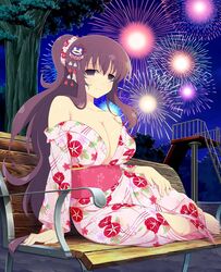 bench breasts cleavage floral_print hair_ornament hand_on_leg murasaki_(senran_kagura) open_yukata pattern_clothing patterned patterned_yukata ponytail purple_eyes purple_hair sash senran_kagura smile yaegashi_nan yukata