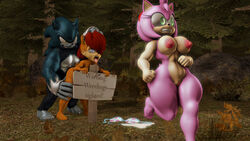 3d 3d_(artwork) amy_rose archie_comics blue_eyes breasts brown_body brown_fur claws female fingers green_eyes male pink_body pink_hair pussy red_hair running sally_acorn sex sharp_teeth sonic_(series) sonic_the_hedgehog sonic_the_werehog sonic_unleashed sonicthebitch tan_body toe_claws were werehog