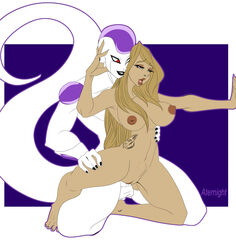 1boy 1boy1girl 1girls areolae aternight barefoot big_breasts blonde_hair blue_eyes dragon_ball dragon_ball_super dragon_ball_z feet female frieza frieza_race from_behind human human_female interspecies leg_grab lidded_eyes long_hair male moaning mouth_open naked nipples nude nude_female oc open_mouth original_character red_eyes stomach_bulge stomach_deformation tail tanned tanned_skin tattoo tattoos toes touching_face vaginal_penetration white_body white_skin xenophilia