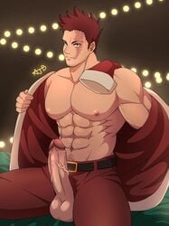 1boy ajb11 alternate_costume bara bare_pecs beard blue_eyes christmas endeavor_(my_hero_academia) enji_todoroki erection facial_hair feet_out_of_frame hat highres human human_only jacket large_pectorals male male_focus male_only mature_male muscular muscular_male my_hero_academia navel navel_hair nipples open_clothes open_jacket pants penis red_hair red_jacket red_pants santa_costume santa_hat scar scar_across_eye short_hair sideburns solo solo_male spiked_hair spread_legs stubble testicles thick_thighs thighs uncensored veins veiny_penis