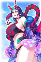 1girls alternate_costume blush curvaceous curvy fate/grand_order fate_(series) huge_breasts human large_breasts looking_at_viewer matching_hair/eyes minamoto_no_raikou_(fate/grand_order) mogudan purple_eyes purple_hair shuten_douji_(fate) shuten_douji_(fate/grand_order) shuten_douji_(halloween_caster)_(fate) shuten_douji_(halloween_caster)_(fate)_(cosplay)