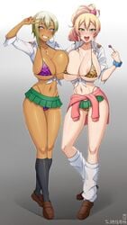 2girls animal_print areola_slip areolae bikini black_hair blue_eyes blush bra bracelet breasts breasts_out_of_clothes cameltoe clavicle collared_shirt cross cross_necklace curvaceous earrings eyebrows_visible_through_hair female fingernails full_body gradient gradient_background groin gyaru hajimete_no_gal handplug high_resolution holding_hands huge_breasts jewelry kogal large_breasts leopard_print lollipop long_hair looking_at_viewer micro_bikini micro_bra micro_panties microskirt multiple_girls nail_polish naughty_face navel necklace open_clothes open_mouth open_shirt paid_reward pantsu plain_background pleated_skirt ranko_honjou salute school_uniform shiny shiny_hair shiny_skin shirt short_hair simple_background skirt standing swimsuit thighs thong tongue tongue_out underwear uniform voluptuous w white_shirt yame_yukana