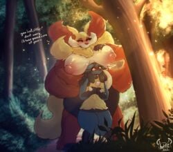 absurd_res blush boob_hat breast_grab breasts delphox dialogue duo female forest girly hand_on_breast hetfli hi_res light lucario male male/female nervous nintendo nipples plant pokemon pokemon_(species) seri_(hetfli) size_difference slightly_chubby sunlight tall tree video_games