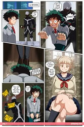 1girls 2boys big_breasts blonde_hair breasts bubaigawara_jin cardigan comic crossed_legs english_text freckles green_hair highres himiko_toga izuku_midoriya jin_bubaigawara large_breasts light-skinned_female light-skinned_male light_skin midoriya_izuku my_hero_academia page_1 page_number pinkpawg skirt smile thick_thighs thighs toga_himiko twice