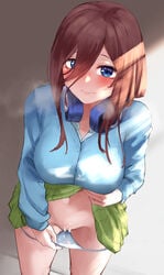 amog blue_cardigan blue_eyes blue_panties blush breasts brown_hair cardigan closed_mouth cum cum_in_panties female go-toubun_no_hanayome green_skirt groin hair_over_one_eye headphones headphones_around_neck heavy_breathing large_breasts lifted_by_self long_hair long_sleeves nakano_miku panties panty_pull school_uniform skirt skirt_lift solo standing straight underwear upskirt