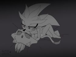 anthro anthro_on_anthro apinkgrape blaze_the_cat closed_eyes domestic_cat female hair hairgrape hedgehog male monochrome ponytail sex silver_the_hedgehog sonic_(series)