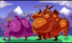 activision anthro ass balls belly big_belly big_butt bobthetanuki butt_slap dragon duo genitals hi_res horn huge_butt hyper hyper_butt magnus_(spyro) male male/male male_only moobs mountain obese obese_anthro obese_male onomatopoeia outside overweight overweight_anthro overweight_male penis purple_body scalie slap sound_effects spyro spyro_the_dragon text video_games