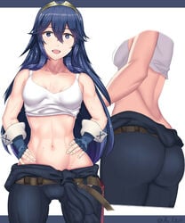 1girls abs arcedo ass ass_focus bare_midriff big_ass female female_only fingerless_gloves fire_emblem fire_emblem_awakening gloves long_hair lucina_(fire_emblem) medium_breasts nintendo smile solo solo_female sweat symbol-shaped_pupils tank_top tiara undressed