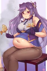 1girls belly big_belly black_legwear blush breasts chubby chubby_female dress eating fat female female_only fish food genshin_impact keqing_(genshin_impact) kipteitei large_breasts looking_at_viewer overweight pantyhose plump twintails weight_gain