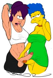 crossover dress edit futa_on_futa futanari futurama hands_behind_head human intersex looking_at_viewer marge_simpson muscular_futanari pbrown pearl_necklace ponytail the_simpsons third-party_edit touching_penis turanga_leela