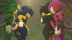 3d 3d_(artwork) anthro avian beak black_body black_hair blue_body blue_hair chameleon espio_the_chameleon gloves green_feathers hair hawk hedgehog horn jet_the_hawk penis purple_body reptile shadow_the_hedgehog sonic_(series) sonic_the_hedgehog twintailssfm yaoi