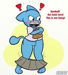 assisted_exposure blush cartoon_network clothed clothing commando english_text female furry genitals humiliation nicole_watterson no_underwear oddkao pants_down pantsing partially_clothed pubes pussy solo text the_amazing_world_of_gumball