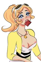 big_breasts blonde_hair blush chloe_bourgeois condom condom_in_mouth eyeshadow eyewear_on_head female female_only imminent_sex makeup miraculous_ladybug ponytail solo sunglasses sunglasses_on_head