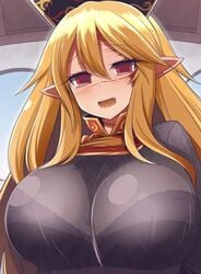 1girls black_bra blonde_hair bra breasts heart huge_breasts junko_(touhou) large_breasts long_hair red_eyes scar scars see-through see-through_clothing solo touhou xialu_zajin