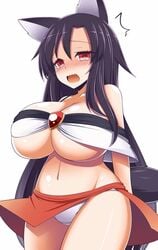 1girls black_hair blush breasts cleavage huge_breasts kagerou_imaizumi large_breasts long_hair panties red_eyes solo tears touhou white_panties wolf_ears wolf_tail xialu_zajin