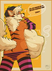 ambiguous_gender anthro anus arcanine arm_warmers armwear ass belly big_belly canid canine clothed clothing digital_media_(artwork) duo fur hair hi_res hyper hyper_belly legwear looking_at_viewer looking_back male mammal nintendo open_mouth oral_vore panties panties_down pokemon pokemon_(species) simple_background skyler_(lukario) smile stockings text tongue tongue_out underwear underwear_down video_games vore yuniwolfsky