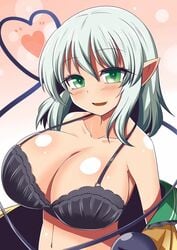 1girls black_bra blush bra breasts green_eyes grey_hair heart huge_breasts koishi_komeiji large_breasts looking_at_viewer navel smile solo touhou undressing xialu_zajin