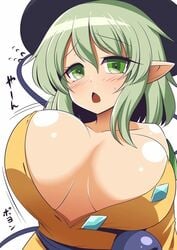 1girls blush bouncing_breasts breasts cleavage cleavage_cutout green_eyes green_hair hat huge_breasts koishi_komeiji large_breasts open_clothes open_shirt shirt solo touhou xialu_zajin