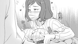 1boy blush bra breasts ero_kaeru female greyscale gundam gundam_build_fighters iori_rinko large_breasts long_hair mask mature monochrome mouth_mask outercourse paizuri paizuri_under_clothes ponytail ribbed_sweater sweater turtleneck underwear