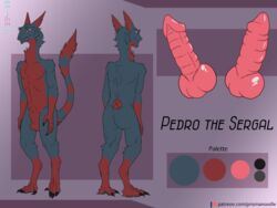 2021 4:3 anthro balls biped bodily_fluids claws digital_media_(artwork) feet fur genital_fluids genitals male male_only mammal model_sheet penis prismanoodle_(artist) raised_tail sergal simple_background smile solo solo_male southern_sergal standing text toe_claws toes url