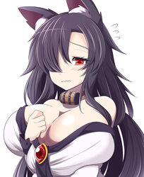 1girls bare_shoulders black_hair blush breasts cleavage dress hair_over_one_eye huge_breasts kagerou_imaizumi large_breasts long_hair off_shoulder red_eyes solo tears touhou wolf_ears xialu_zajin