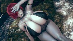 abs android bikini collar cybertechdolls glowing_eyes huge_breasts large_breasts lilith_(cybertechdolls) red_hair short_hair sling_bikini yellow_eyes