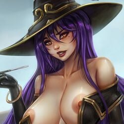 1girls areolae breasts cleavage female female_only goblin_slayer huge_breasts nipples purple_hair vempire witch_(goblin_slayer) yellow_eyes