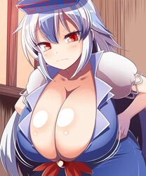 1girls blue_hair breasts cleavage dress keine_kamishirasawa large_breasts long_hair red_eyes solo touhou two_tone_hair white_hair xialu_zajin