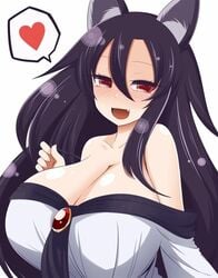 1girls black_hair blush breasts cleavage heart huge_breasts kagerou_imaizumi large_breasts long_hair mating_season naughty_face red_eyes smile solo speech_bubble spoken_heart touhou wolf_ears xialu_zajin