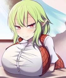 1girls big_breasts bra_visible_through_clothes breasts clothed fully_clothed green_hair huge_breasts large_breasts looking_at_viewer plaid_vest red_eyes red_vest see-through see-through_clothing shirt short_hair smile solo solo_female solo_focus touhou vest white_shirt xialu_zajin yuka_kazami