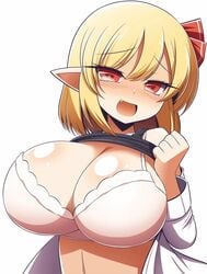 1girls black_dress blonde_hair blush bra breasts dress dress_lift hair_ribbon huge_breasts large_breasts open_shirt red_eyes rumia shirt short_hair solo touhou undressing white_bra white_shirt xialu_zajin