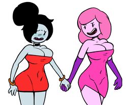 2girls adventure_time big_breasts black_choker black_hair blush bracelets bubble_butt canon_couple cartoon_network choker cleavage covered_navel dot_eyes dunnhierdraws elbow_gloves embarrassed eyelashes female gloves gold_jewelry grey_skin hair_bun hips holding_hands looking_down marceline medium_hair open_mouth pink_dress pink_hair pink_skin princess_bubblegum purple_elbow_gloves red_dress short_dress simple_background smile smiling teeth thick_thighs thighs tight_clothing tight_dress tight_fit white_background wide_hips yuri zer0oxygen