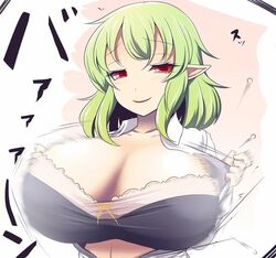 1girls black_bra bra breasts bursting_breasts green_hair huge_breasts large_breasts open_shirt popped_button shirt short_hair solo touhou undressing white_shirt xialu_zajin yuka_kazami