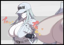 2girls baseball_cap belt black_gloves blurry blurry_foreground breasts cabbie_hat collared_shirt colored_skin female fingerless_gloves gloves grey_belt hair_over_one_eye hat hataraku_saibou hi_res huge_breasts long_hair looking_down mikoyan multiple_girls open_clothes open_shirt pale-skinned_female pale_skin shirt u-1196 white_background white_blood_cell_(hataraku_saibou) white_hair white_skin white_uniform