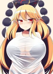 1girls big_penis black_bra black_panties blonde_hair bra breasts huge_breasts junko_(touhou) large_breasts long_hair navel panties red_eyes scar scars see-through see-through_clothing shirt solo touhou wet wet_shirt white_shirt xialu_zajin