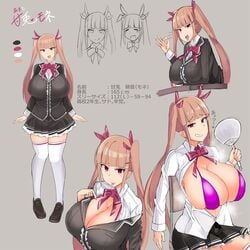 big_breasts character_sheet facominn fan fang_tooth fully_clothed hand_movement huge_breasts monet_(facominn) paizuri_invitation school_uniform steam tongue_out twintails unbuttoned_shirt