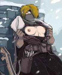 1girls angry annoyed blattarieva clothed crossbow exposed_breasts female_focus female_only mask short_hair snow tagme