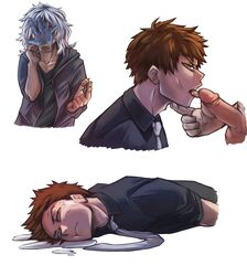 2boys blowjob brown_hair chisaki_kai clothing cum facial fellatio gay genital_fluids genitals hand_on_penis human human_only kai_chisaki lets_destroy_things lying_on_side male male/male male_on_male male_only my_hero_academia oral overhaul penis shigaraki_tomura tomura_shigaraki yaoi