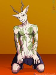 2021 3:4 antelope anthro beastars bovid clothing digital_media_(artwork) felid fur gazelle hi_res horn hybrid leopard looking_at_viewer male male_only mammal melon_(beastars) mostly_nude pantherine prismanoodle_(artist) simple_background smile solo solo_male tattoo text url