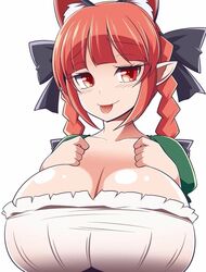 1girls braid braided_hair braided_twintails breasts cat_ears cleavage hair_ribbon huge_breasts large_breasts red_eyes red_hair rin_kaenbyou solo tongue tongue_out touhou xialu_zajin