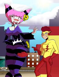 1boy 1girls 2021 ass ass_slap big_ass blue_eyes blush bottom_heavy cartoon_network dc dc_comics embarrassed embarrassed_clothed_female frostbiteboi goth happy_male hero hi_res highres horny_female huge_ass jinx_(dc) kid_flash large_ass looking_back pale-skinned_female pale_skin pink_hair red_hair rooftop small_breasts spanking striped_legwear super_speed supervillain surprised teen_titans toonami twintails unhappy_female villainess wally_west white_skin