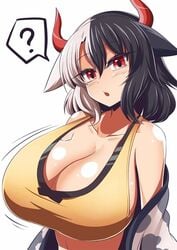 1girls ? black_hair breasts cleavage cow_horns haori horns huge_breasts large_breasts red_eyes shirt short_hair solo speech_bubble touhou two_tone_hair urumi_ushizaki white_hair xialu_zajin yellow_shirt