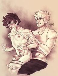 2boys anal anal_sex biting_shirt bodily_fluids closed_eyes clothing gay genital_fluids genitals izuku_midoriya katsuki_bakugou male male/male male_penetrated male_penetrating male_penetrating_male monochrome my_hero_academia nipples pants_pull penis precum vox_ex_machina yaoi