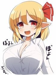 1girls blonde_hair blush bra bra_visible_through_clothes breasts cleavage hair_ribbo large_breasts red_eyes rumia shirt short_hair solo touhou white_shirt xialu_zajin