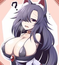 1girls ? black_bikini black_hair breasts collar dress dress_pull hair_over_one_eye huge_breasts kagerou_imaizumi large_breasts long_hair micro_bikini red_eyes solo tears touhou wolf_ears xialu_zajin