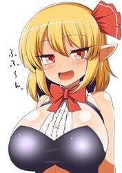 1girls blonde_hair blush bowtie breasts hair_ribbon huge_breasts large_breasts oerba_yun_fang open_mouth red_hair rumia short_hair smile solo touhou xialu_zajin